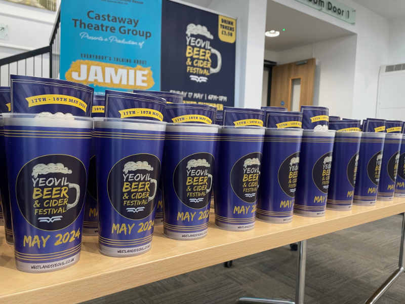 Yeovil Beer & Cider Festival cups on a table