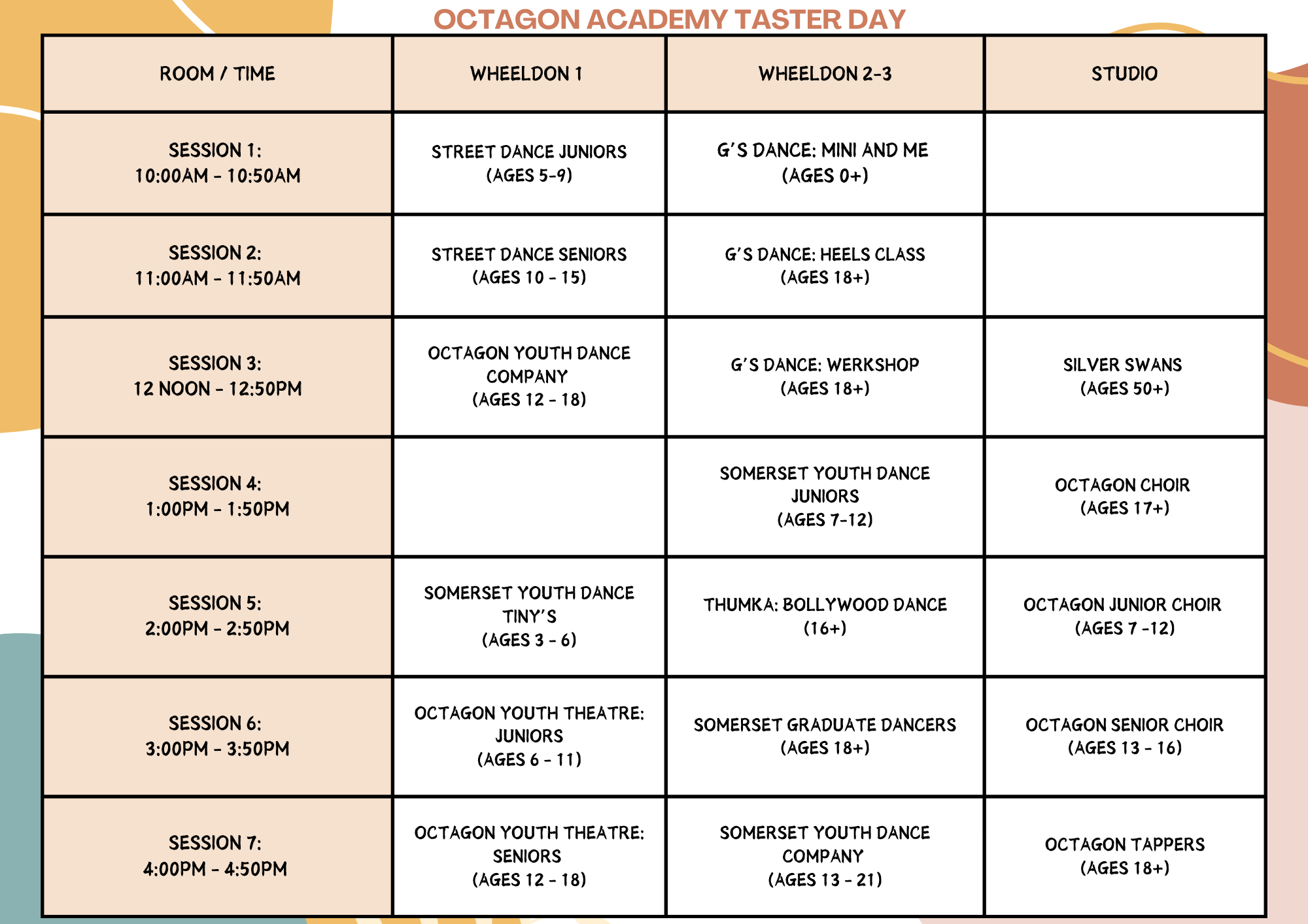 Timetable of Academy Taster Day events