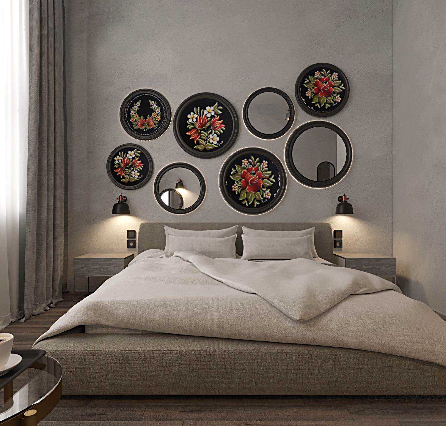 Bedroom scene with circular pictures of flowers above the bed