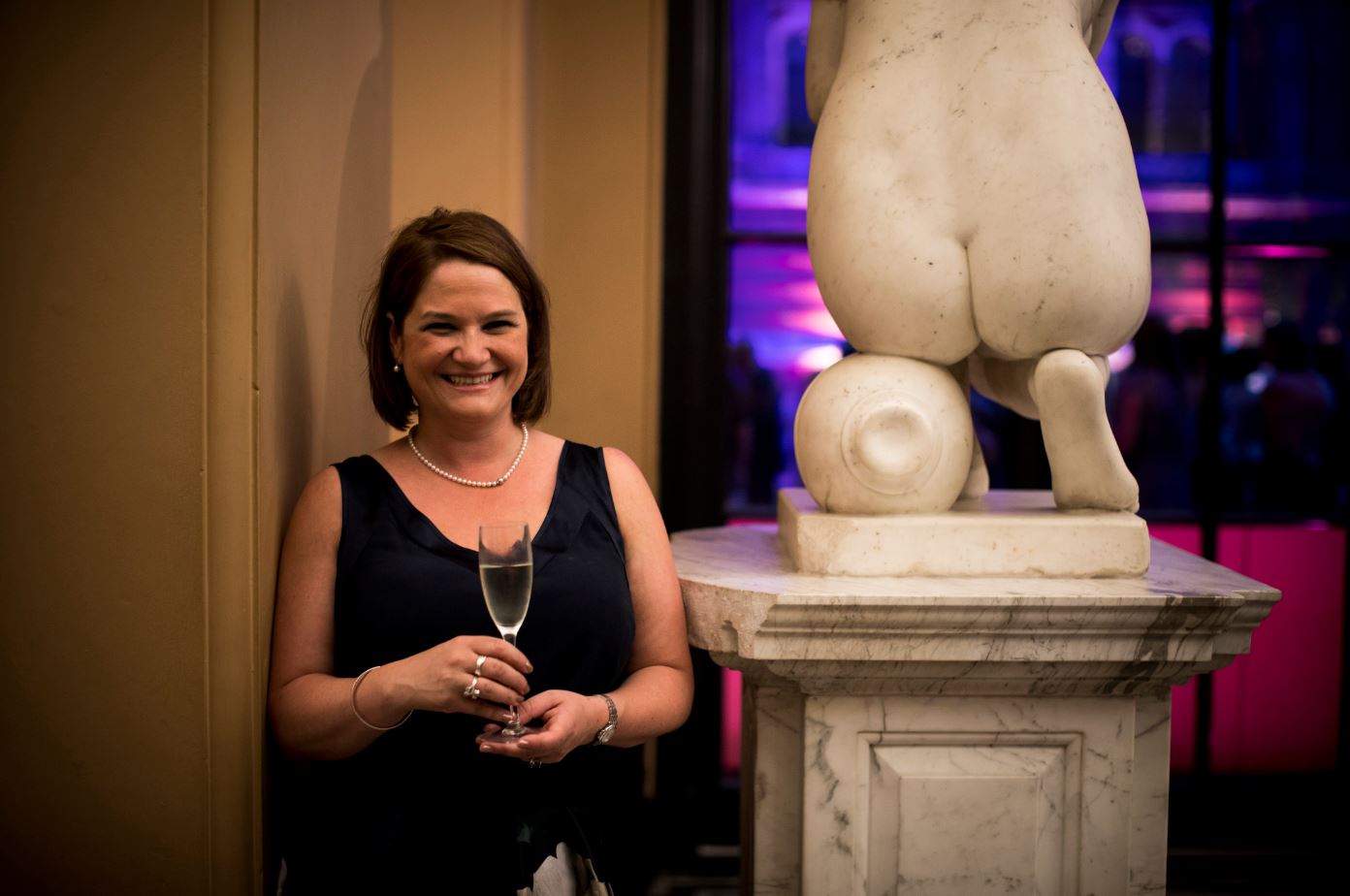 Gill Sims with glass of bubbly