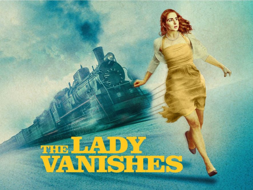 The Lady Vanishes poster - Lady in yellow dress running ahead of a train